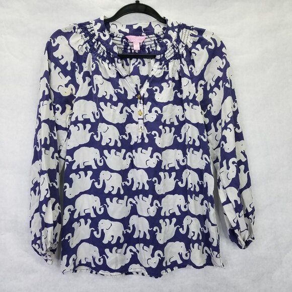 Lilly Pulitzer Elsa Blue White Elephant Print 100% Silk Pullover Blouse XS - Picture 1 of 11